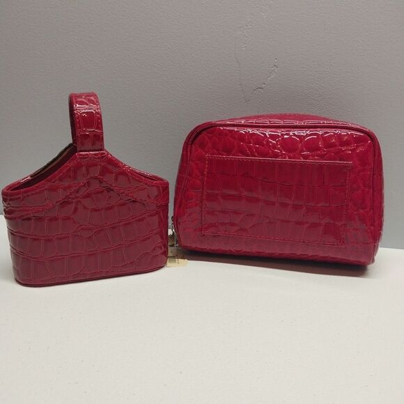 Bath & Body Works Faux Crocodile Texture Makeup Bag  & Cosmetics Caddy Red Set - Picture 1 of 16